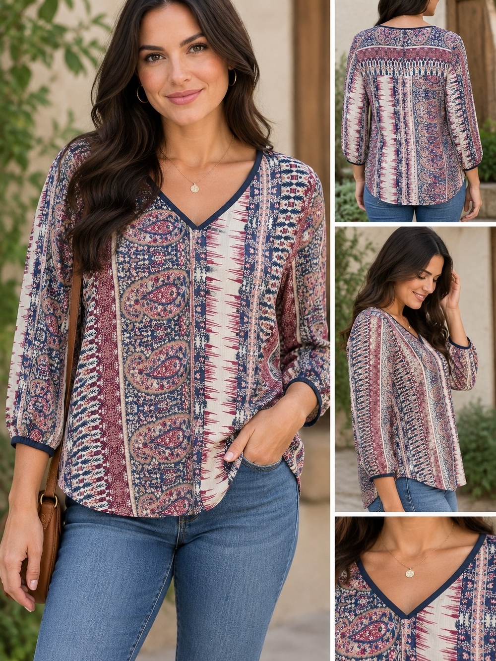 Lucky Brand Boho Mixed Print Paisley Split V-Neck Blouse Size L